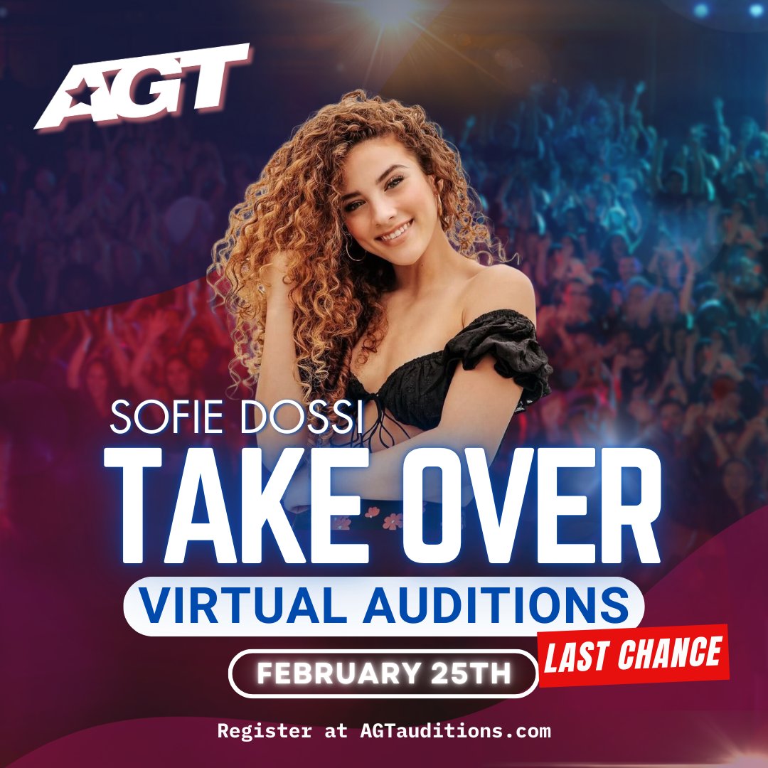 America’s Got Talent (@agt) on Twitter photo it's your final opportunity to audition virtually for #AGT season 20! <a href="/sofiedossi/">Sofie Dossi</a> will take over and host our last chance auditions on february 25th. sign up now at AGTAuditions.com it's your final opportunity to audition virtually for #AGT season 20! <a href="/sofiedossi/">Sofie Dossi</a> will take over and host our last chance auditions on february 25th. sign up now at AGTAuditions.com
