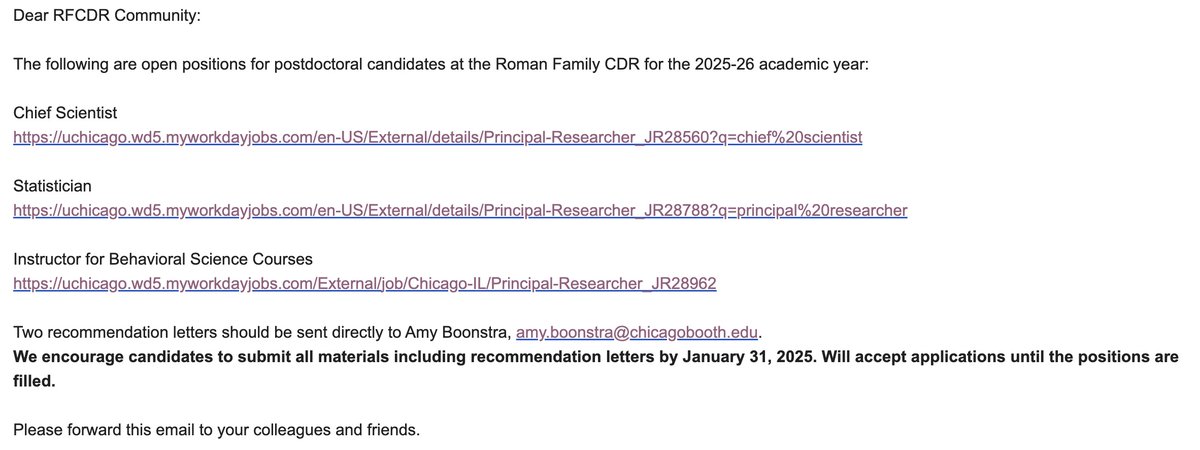 U Chicago Booth is hiring ***3*** post-docs! <a href="/CDR_Booth/">Roman Family Center for Decision Research</a> <a href="/UChicago/">The University of Chicago</a> Deadline soon, Jan 31.