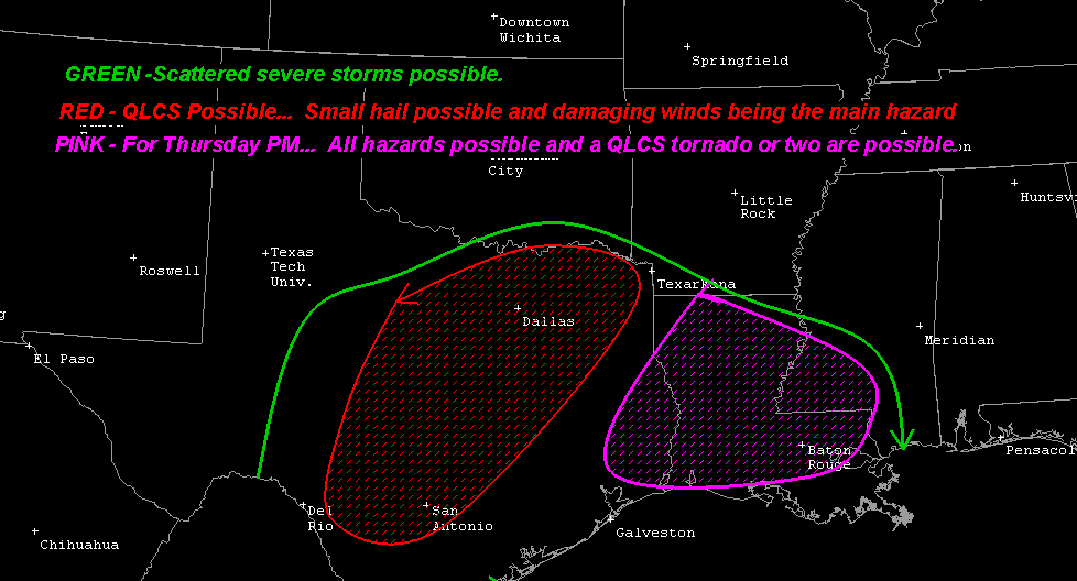 PezexWx's tweet image. For the upcoming severe weather event:

A squall line will form late Wednesday into Thursday morning (possibly a QLCS), bringing damaging winds to parts of TX before dissipating in LA. A few weak tornadoes are also possible.

This is unofficial.

#twx #lawx #wxx #wxtwitter