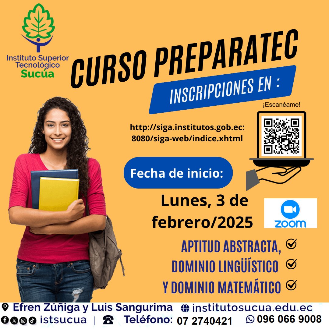istsucua's tweet photo. El Instituto Superior Tecnológico Sucúa invita al curso de nivelación para fortalecer las capacidades, habilidades y competencias de los aspirantes y la ciudadanía en general que deseen prepararse para rendir la evaluación de competencias y capacidades del primer periodo 2025. https://t.co/Hnmo5cEn4y