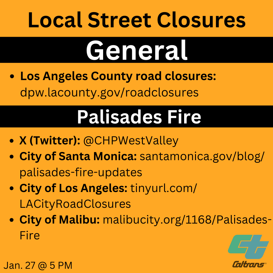 🚧 CURRENT CLOSURES as of Mon. Jan 27 @ 5 PM:  Avoid these closed areas on the state highway system due to fires in Caltrans District 7. Closures subject to change. 
Stay informed at Quickmap.dot.ca.gov 
#PalisadesFire #EatonFIre #PacificPalisades #Malibu #LAfires