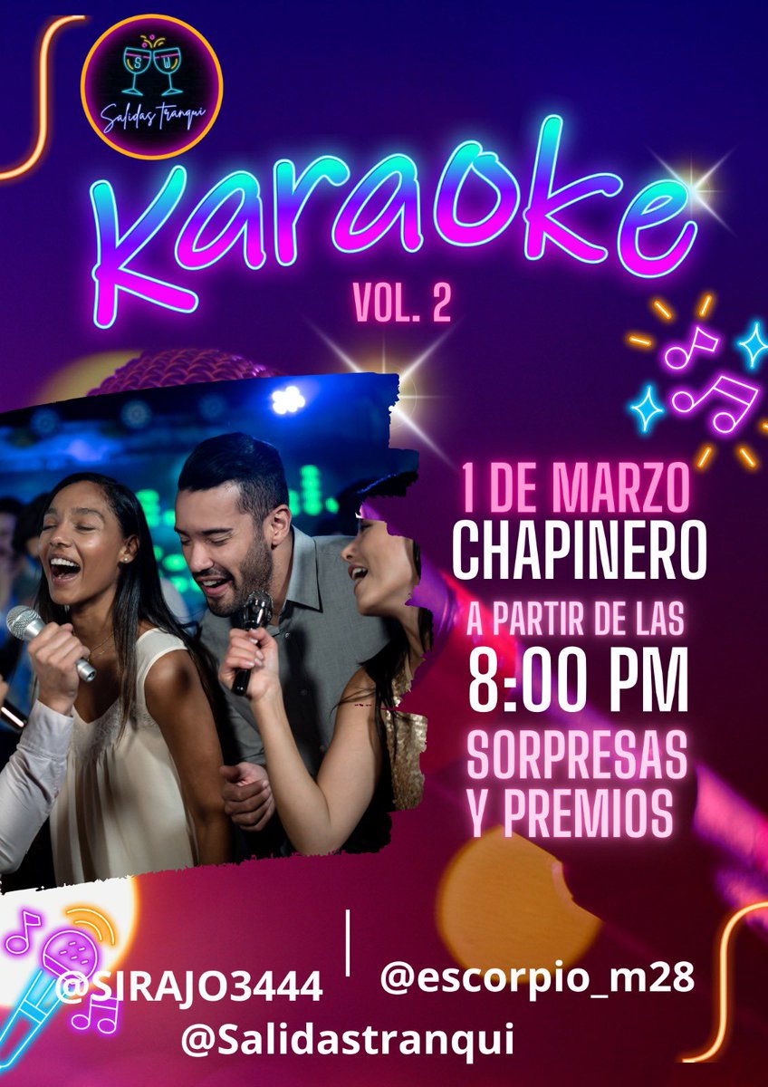 🚨VUELVEEEEEE KARAOKEEEE VOL 2 🎤🎶🎵🧑🏻‍🎤 nos vemos este 1ro de marzo ! Ya saben como siempre los que quieran participar llenen el form forms.gle/CKg4yJrLRSqwr9… concurso, premios, sorpresas y regalos 🎁  <a href="/SIRAJO3444/">Sira&Juana 🇨🇴</a> <a href="/escorpio_m28/">ESCORPIO</a>