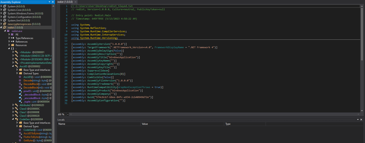 v4ensics's tweet image. Decoding the #octal encoded #JS code, 2 malicious .NET executables are revealed (named "redist" and "newcrypternoprocess"). Both executables are packed.
Unpacking the executables revealed the files to be part of a #Rhadamanthys stealer malware campaign (malpedia.caad.fkie.fraunhofer.de/details/win.rh…).