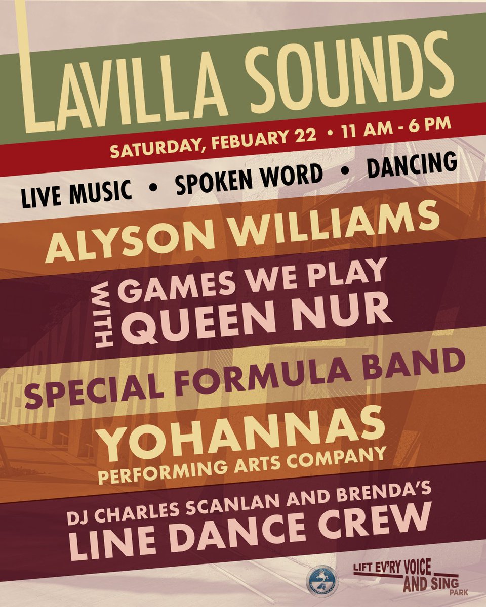 Lift Ev'ry Voice and Sing Park (@levsparkjax) on Twitter photo LaVilla Sounds presented by <a href="/FLBlue/">Florida Blue</a> hosts a day of live music, spoken word, and dance in the heart of the historic LaVilla neighborhood.
Mark your calendars for February 22nd to experience:
đ¤ Alyson Williams â A legendary voice with timeless soulful classics
đŁď¸ Games We Play LaVilla Sounds presented by <a href="/FLBlue/">Florida Blue</a> hosts a day of live music, spoken word, and dance in the heart of the historic LaVilla neighborhood.
Mark your calendars for February 22nd to experience:
đ¤ Alyson Williams â A legendary voice with timeless soulful classics
đŁď¸ Games We Play