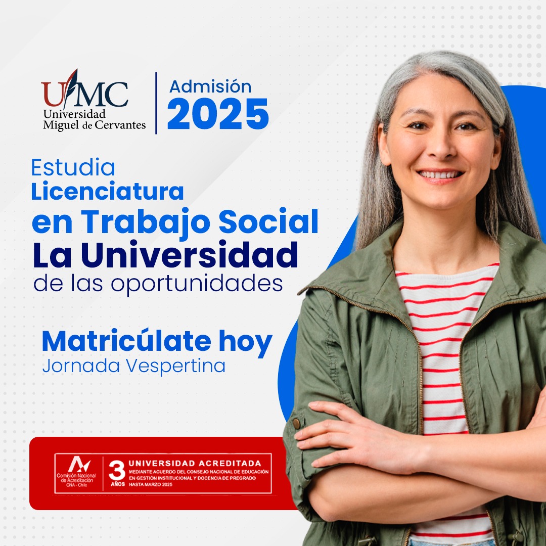 💻 Estudia Licenciatura en Trabajo Social en la #UMCervantes, la universidad de las oportunidades. ¡Matricúlate hoy y prepárate para transformar vidas! 

🎓 Modalidad online con clases sincrónicas. 

#Admisión2025 Ingresa a nuestra web umcervantes.cl