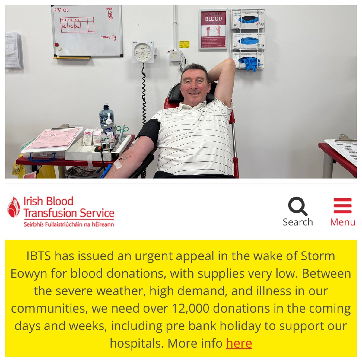 Today, I gave #blood donation #42, in response to an urgent appeal from <a href="/Giveblood_ie/">Giveblood</a>. The #IBTS has less than 3 days supply for many blood groups. The best way to boost supplies is for new donors to come forward. Are you fit and healthy? And would you give 1 hour to save a life?
