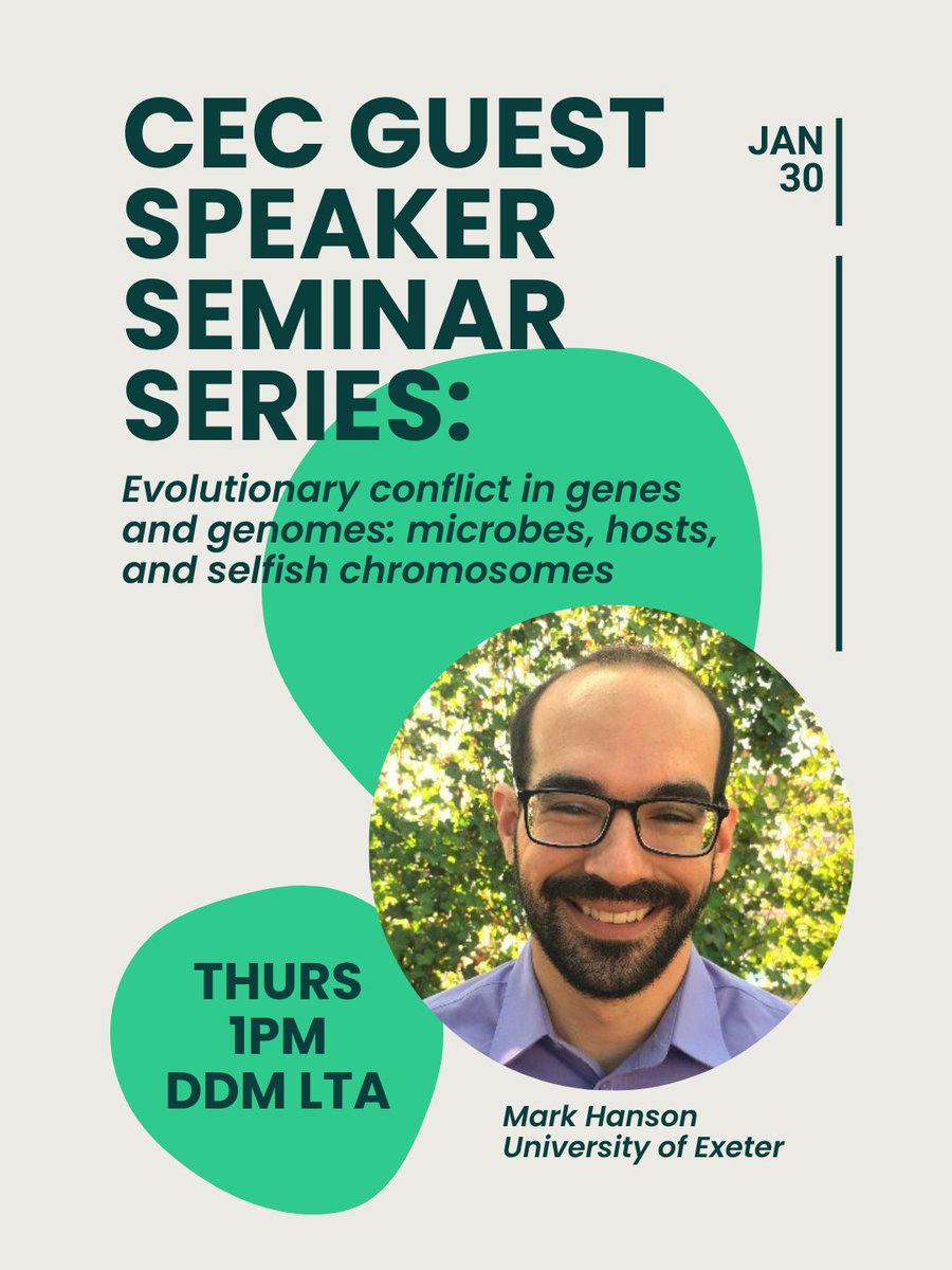 UniExeCEC's tweet image. This week’s CEC seminar is about evolutionary conflict in genes and genomes!

Mark Hanson - Wellcome Trust ECA Research Fellow - will present the seminar “Evolutionary conflict in #genes and #genomes: microbes, hosts, and selfish #chromosomes.”

📅 30th January, 1PM

📍 DDM LTA