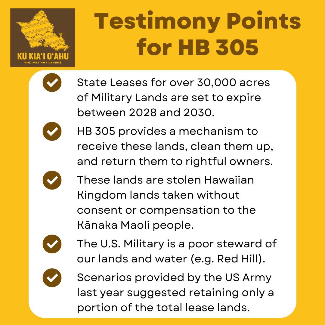kalahuihawaii's tweet photo. TALKING POINTS FOR LANDBACK BILL: Here are some talking points. Please join us on Tuesday 1/28/2025 at 9 am at the Hawai’i Kapikala (Capitol) Room 411 and attend the Committee on Water and Land Hearing on Bill 305 which would create an Aloha ‘Āina Trust to receive Military lands after the expiration of the leases in 2029.

It’s not too late to submit testimony!!!  Link https://t.co/Qf1NtkMMU0

#KuKiaiOahu #KuKiaiHawaii #Landback #AlohaAina #KuleanaLands #HB305