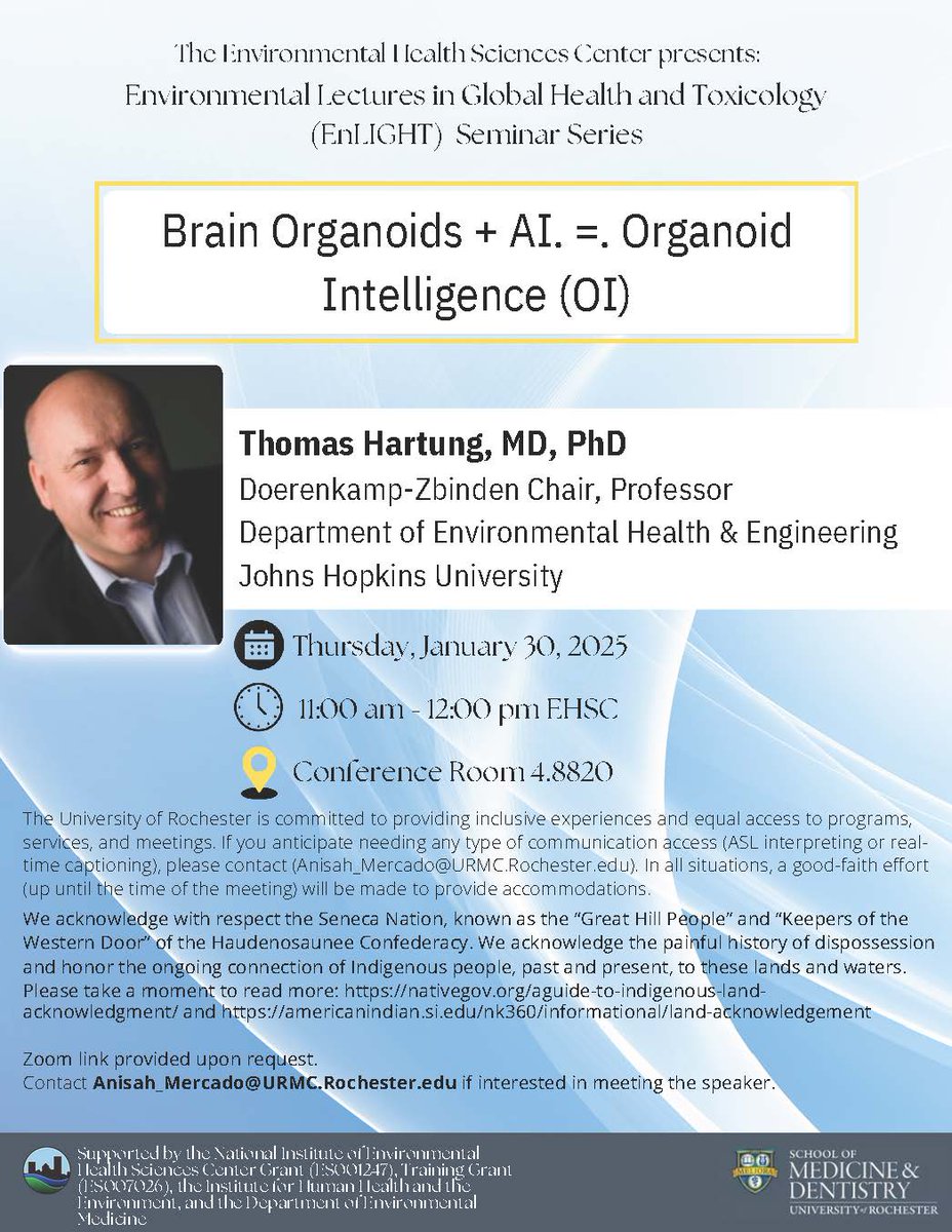 UR Institute for Human Health and the Environment (@ur_ihhe) on Twitter photo Join us on Thursday 1/30 for a lecture by Dr. Thomas Hartung from <a href="/JohnsHopkinsEHE/">JohnsHopkinsEHE</a>. 📢
“Brain Organoids + AI = Organoid Intelligence (OI)” Join us on Thursday 1/30 for a lecture by Dr. Thomas Hartung from <a href="/JohnsHopkinsEHE/">JohnsHopkinsEHE</a>. 📢
“Brain Organoids + AI = Organoid Intelligence (OI)”