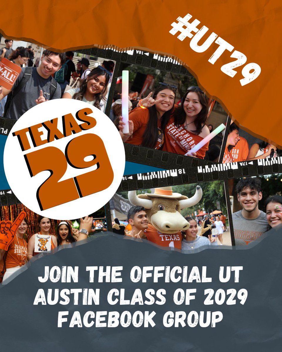UTorientation's tweet image. Congratulations on your acceptance to UT Austin #UT29! 🤘Make sure to join the OFFICIAL Class of 2029 Facebook page (Link in Bio). The UT Class of 2029 Facebook Group is the ONLY OFFICIAL group for the UT Austin Class of 2029 🤘🎉