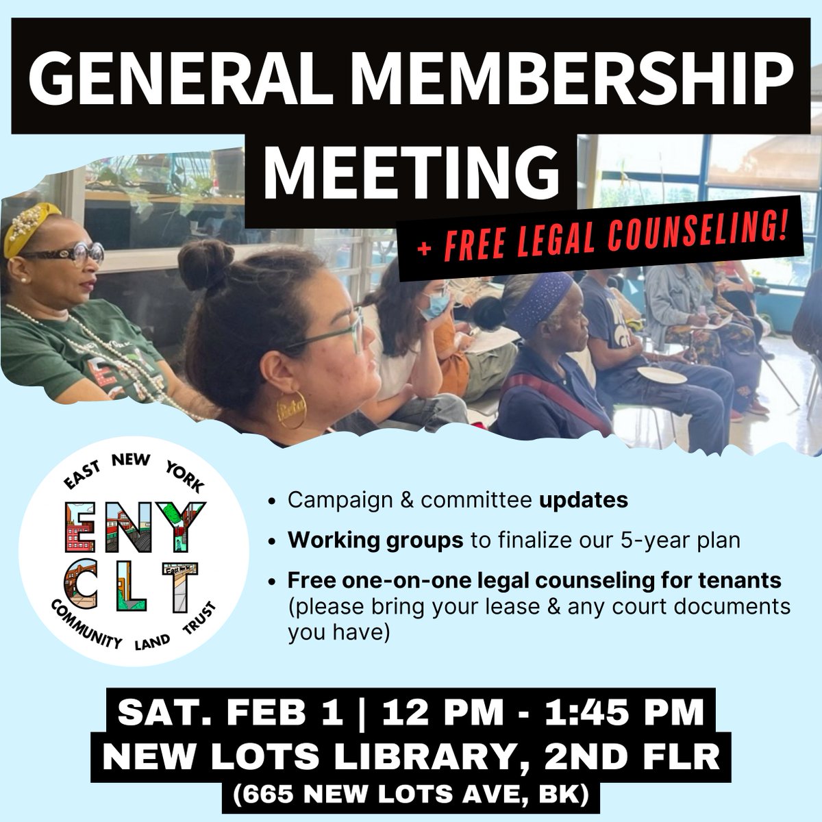 Calling all East New York and Ocean Hill - Brownsville residents! Join our first membership meeting of 2025! 
Register: eastnewyorkclt.ourpowerbase.net/civicrm/event/…