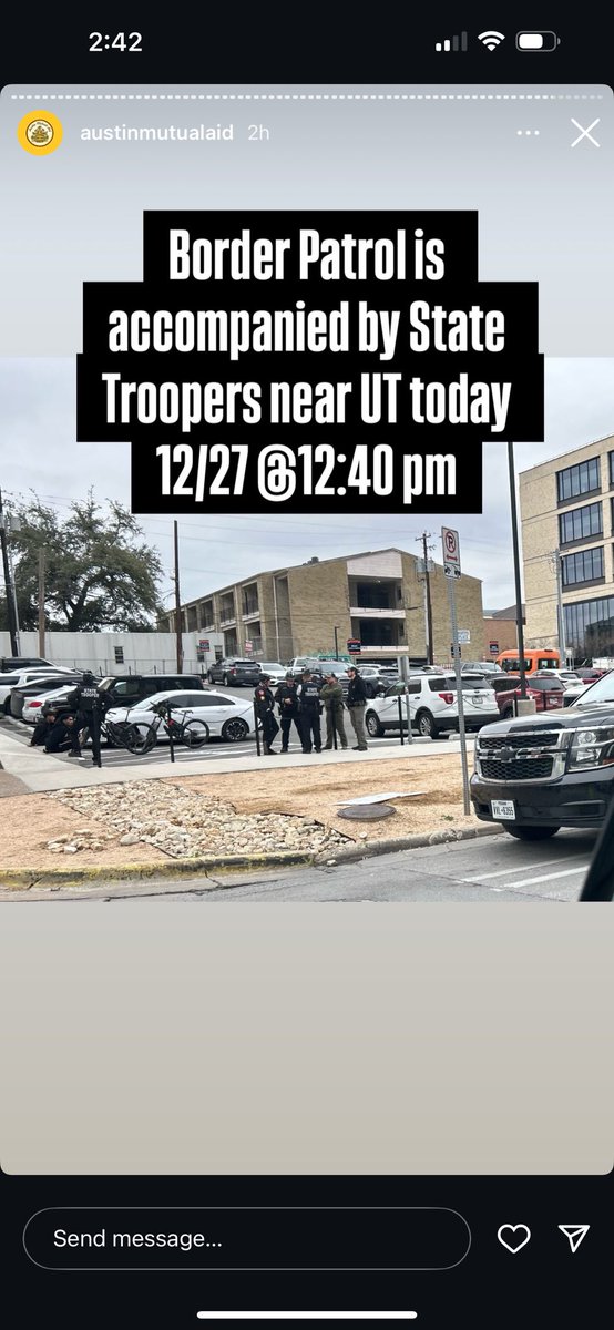 itsamandarg's tweet photo. ut austin: 2 border patrol agents &amp; 4 state troopers spotted on campus. pls stay aware and dm me for info if you are a student needing a safe place on/near campus https://t.co/ISqO50WUOf