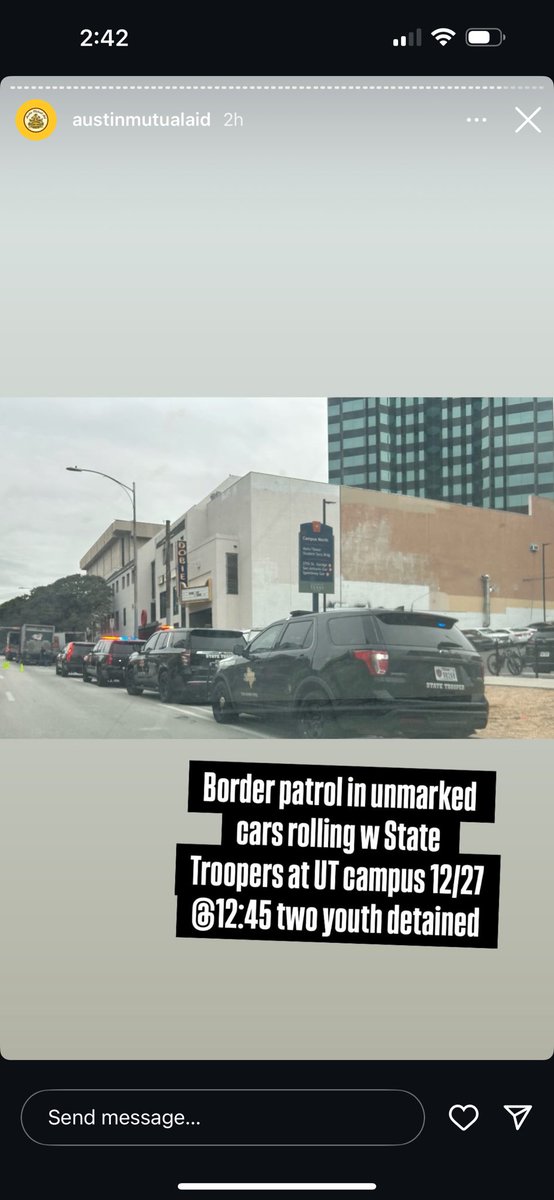 itsamandarg's tweet photo. ut austin: 2 border patrol agents &amp; 4 state troopers spotted on campus. pls stay aware and dm me for info if you are a student needing a safe place on/near campus https://t.co/ISqO50WUOf
