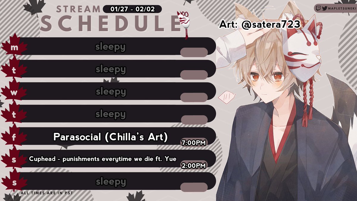 [SCHEDULE] Jan 27 - Feb 2

Back to making stream schedules :D

From now on I plan to stream a Chilla's art game every Friday!