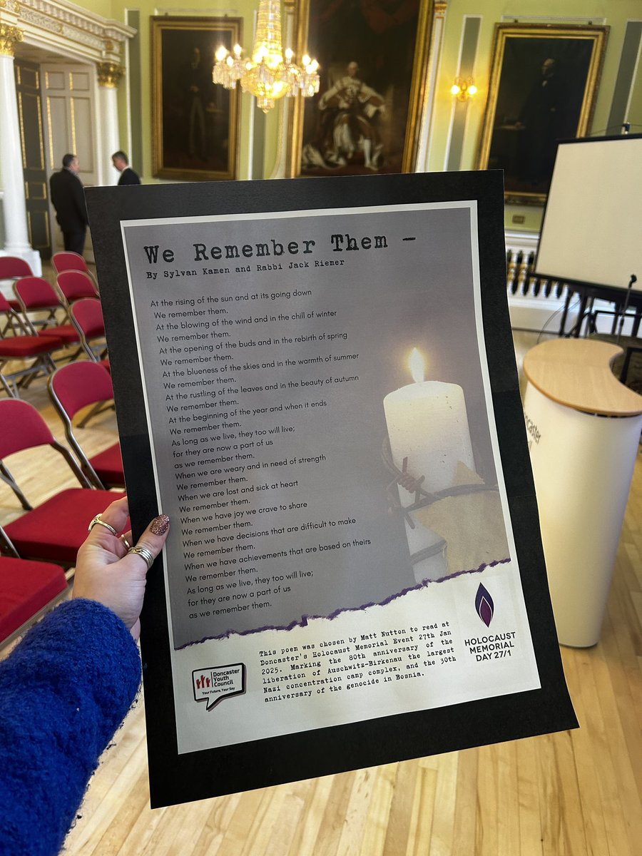 Doncaster Youth Council (@donyouthcouncil) on Twitter photo Youth Councillor Matt gave a moving recital of ‘We Remember’ Them By Sylvan Kamen & Rabbi Jack Riemer. Reminding us of the enduring impact of those we’ve lost and the importance of holding their legacy close. #WeRemember 🕯️💜
@HMD_uk <a href="/DoncasterHMD/">Doncaster Holocaust Memorial Day</a> <a href="/Delta_RASA/">Rossington All Saints Academy</a> Youth Councillor Matt gave a moving recital of ‘We Remember’ Them By Sylvan Kamen & Rabbi Jack Riemer. Reminding us of the enduring impact of those we’ve lost and the importance of holding their legacy close. #WeRemember 🕯️💜
@HMD_uk <a href="/DoncasterHMD/">Doncaster Holocaust Memorial Day</a> <a href="/Delta_RASA/">Rossington All Saints Academy</a>