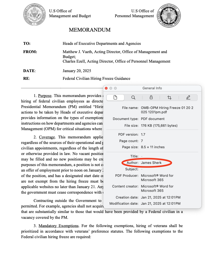 graykimbrough's tweet image. Memos posted publicly to government websites claiming to be from the acting directors of OPM and OMB have metadata showing that the original authors are affiliated with Project 2025.