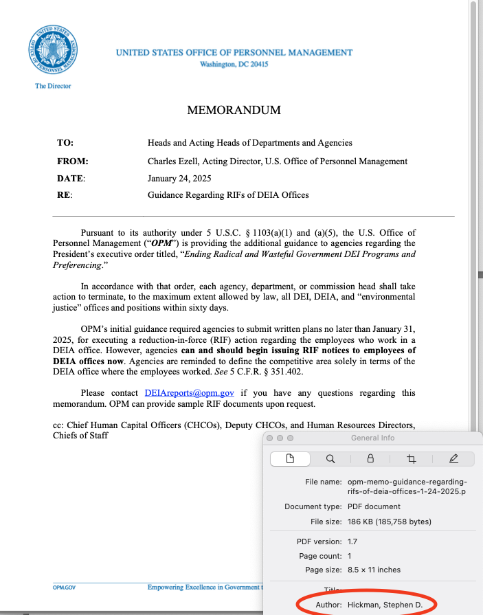 graykimbrough's tweet image. Memos posted publicly to government websites claiming to be from the acting directors of OPM and OMB have metadata showing that the original authors are affiliated with Project 2025.