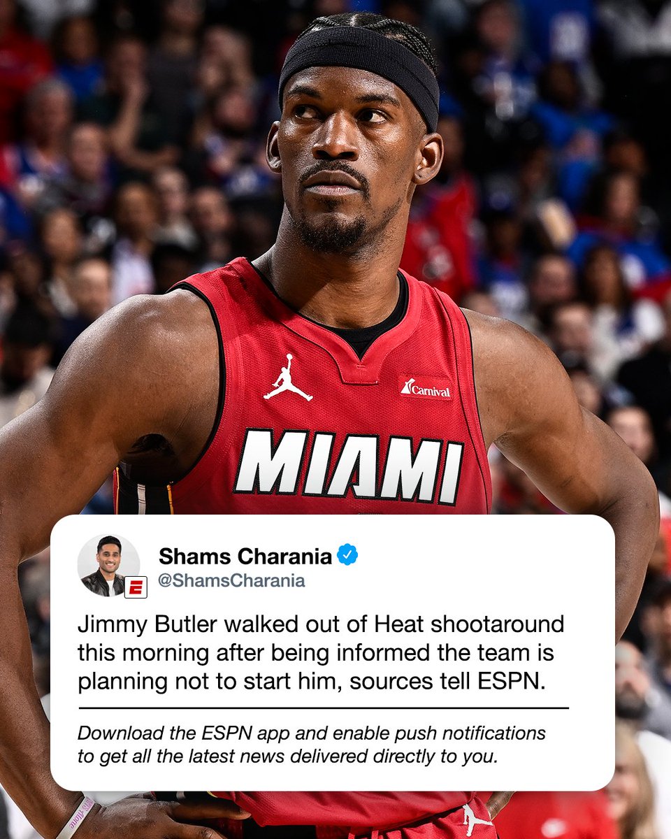 espn's tweet photo. Breaking: The Miami Heat are suspending Jimmy Butler indefinitely, sources tell @ShamsCharania. https://t.co/GKms7e1EvM