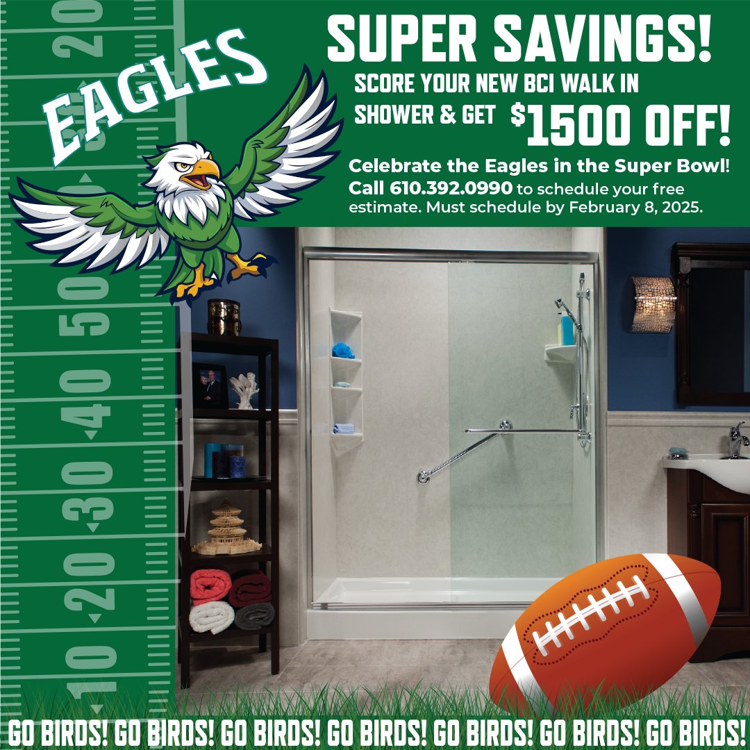 SureFixLV's tweet photo. ๐ฆ
๐-๐ผ-๐-๐-๐ธ-๐ - ๐๐๐๐๐๐บ! Woo hoo the Philadelphia Eagles are in the Super Bowl! Celebrate by scoring your elegant and accessibleBCI Acrylic Inc. walk in shower. Call 610-392-0990 & schedule by February 8 and SAVE $1500! #gobirds๐ฆ
#SureFix #Eagles https://t.co/K9RFyJiW1t