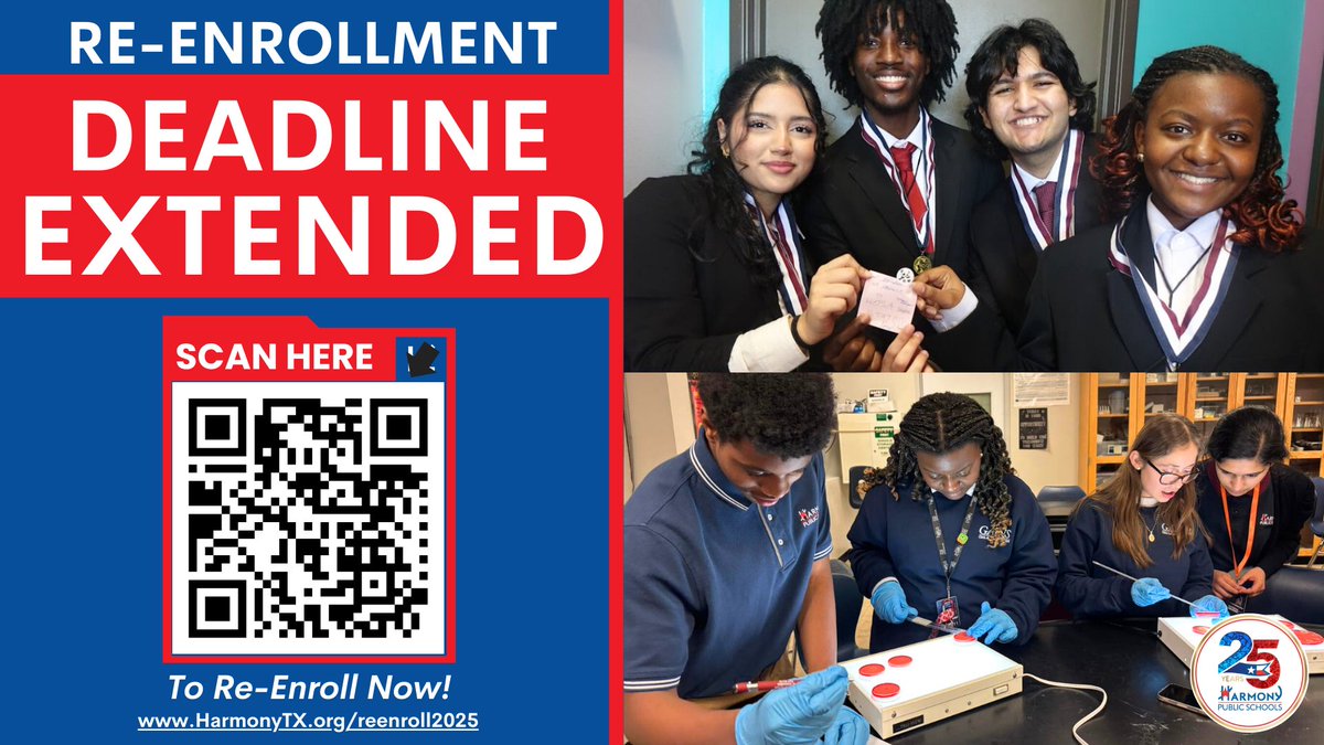 Re-Enrollment Deadline Extended! The deadline for Harmony families to reserve their spot for 2025-26 has been extended to tomorrow, Jan. 28.
Log into Skyward to re-enroll now: HarmonyTX.org/ReEnroll2025.
It only takes a few minutes to complete, so don't wait!