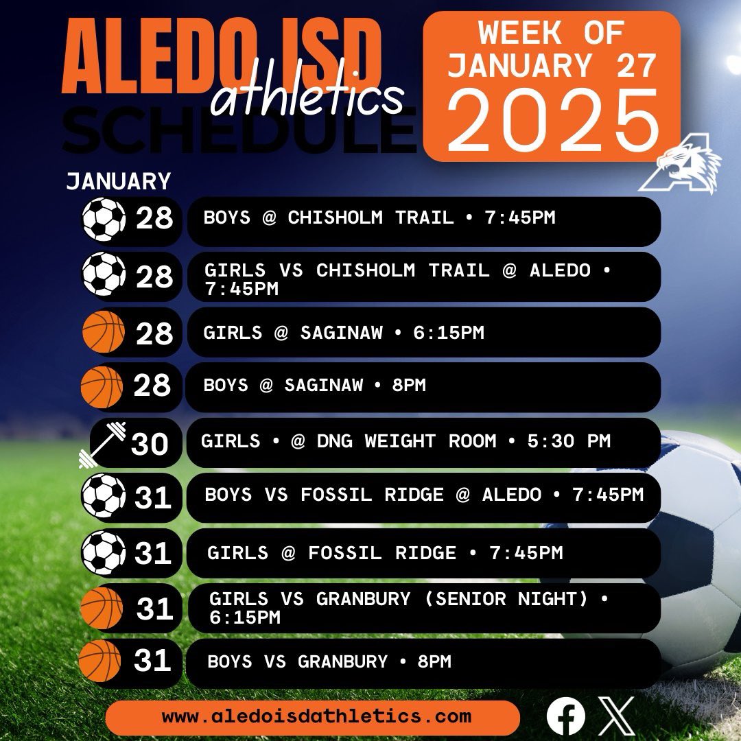 It's a busy week at Aledo High School! Get out and support your Ladycats and Bearcats this week! ⚽️🏋️‍♀️🏀

#aledoisdathletics #AllinAledo #GrowingGreatness