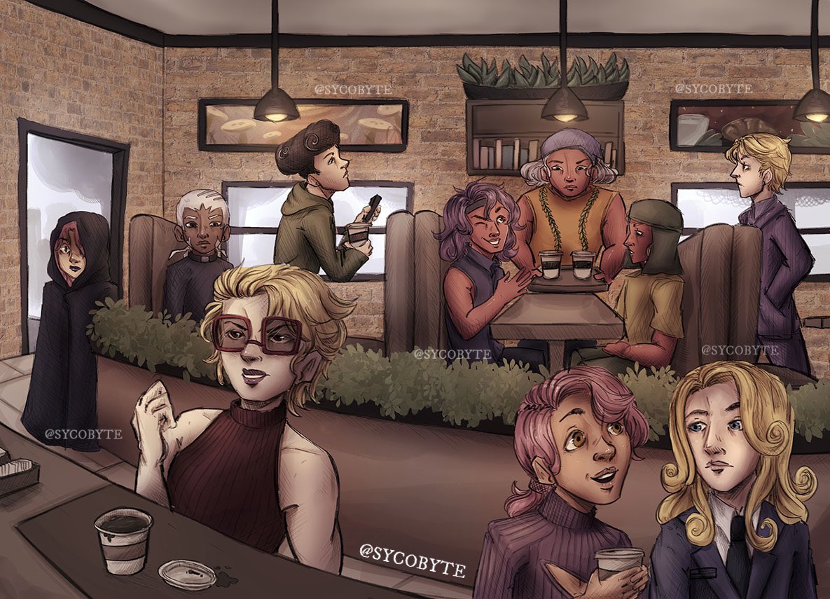 sycobyte's tweet photo. Welcome to the JJBA Villain Cafe ☕️ Come sip on your favorite coffees as dark as your souls 😈
Finally I can post the two-page spread illustration I did for the @CupofJoJozine last year!
#jjba #zinework https://t.co/lbcLbI45rO