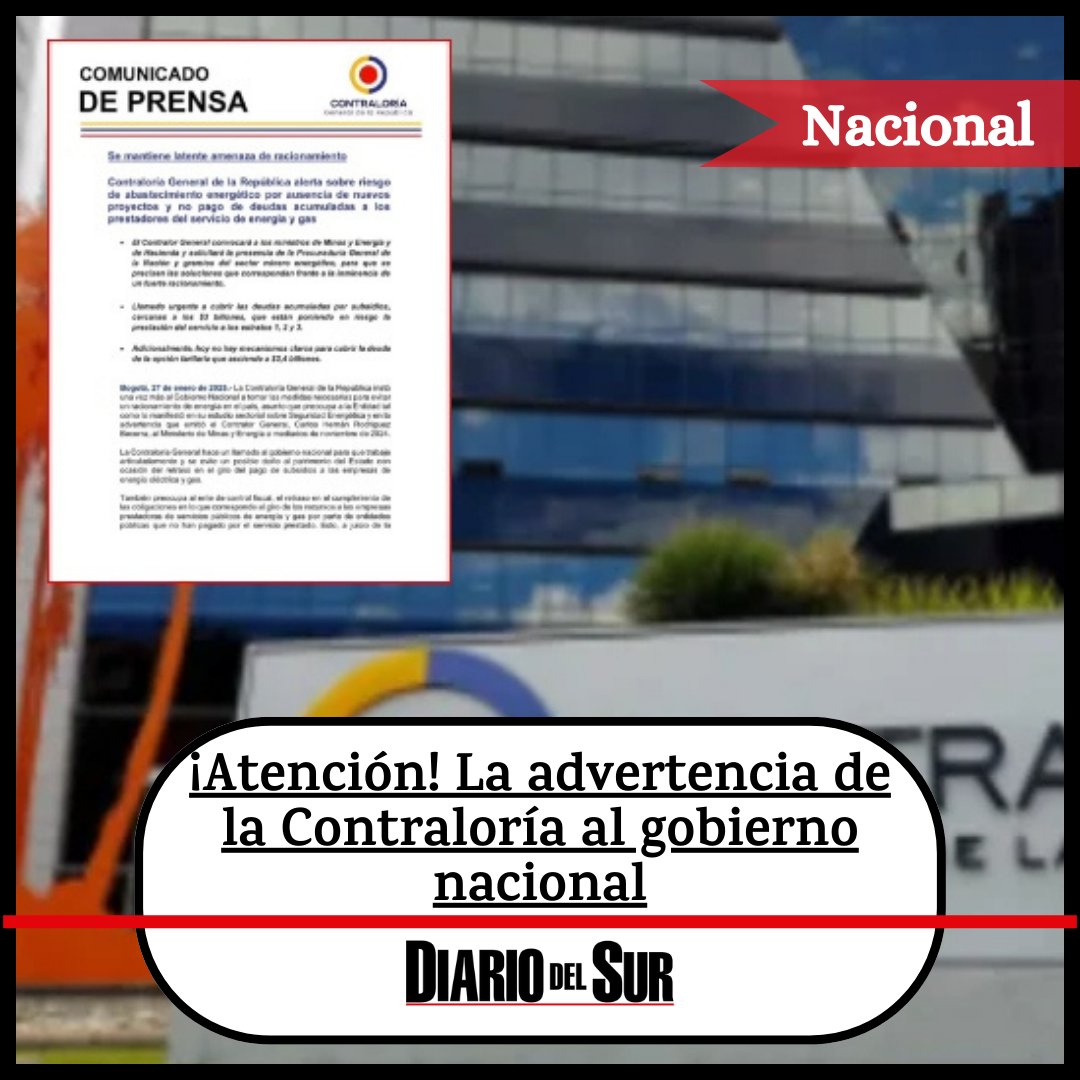 #AlertaEnergética💡 ¿Racionamiento a la vista?: La #Contraloría insta al gobierno a tomar medidas urgentes para evitar un posible racionamiento energético nacional. #Colombia #Noticias #Pasto #Nariño 
Info👉diariodelsur.com.co/atencion-la-ad…