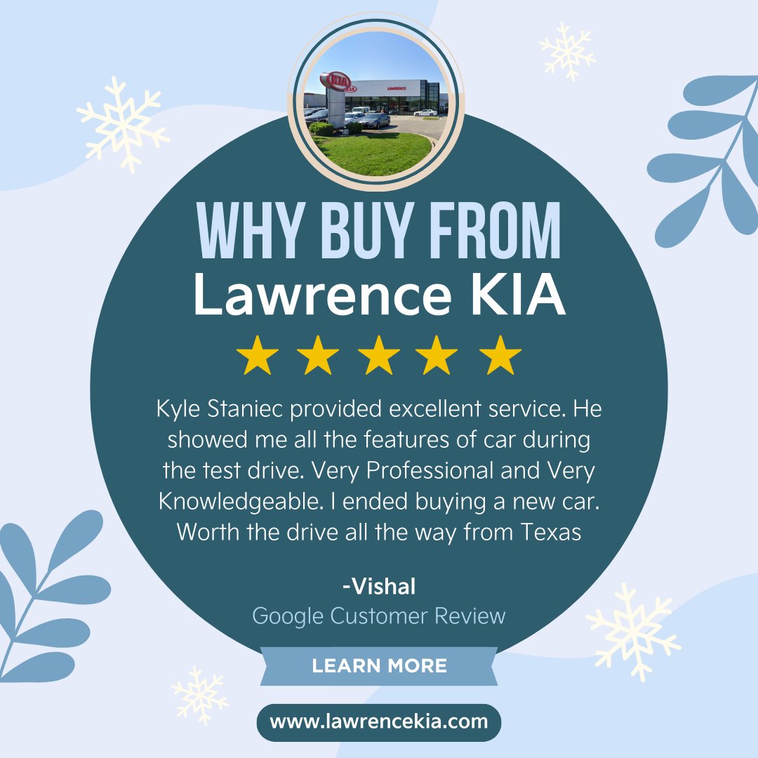 LawrenceKia's tweet photo. ❄️ We're delighted to hear such positive feedback from our customers! As we roll into February, there's no better time to find your perfect ride. Browse our fantastic inventory today! 
➡️ https://t.co/L066YkMSfi

#CustomerReview #NewYearNewRide #WinterSavings #LawrenceKia https://t.co/aHNOT57E7V