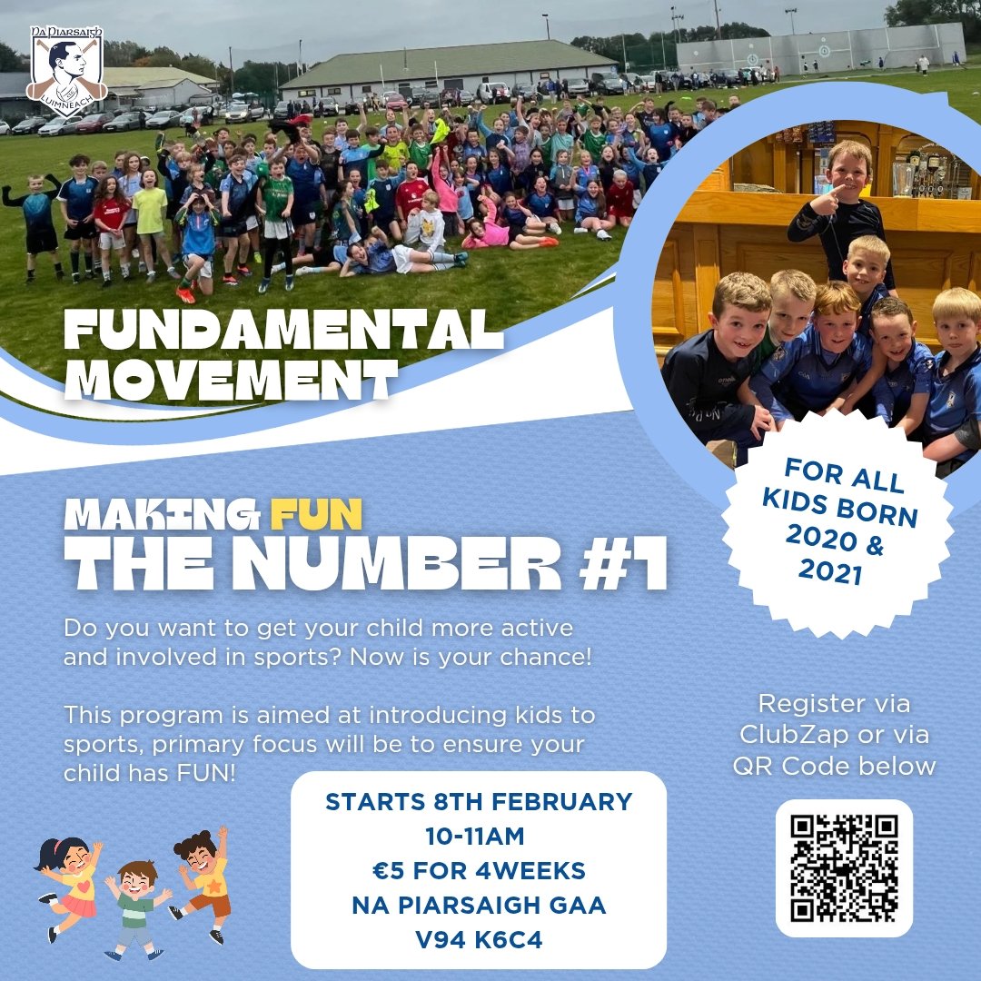 Fundamental Movement Returns

📅 Saturday 8th February
⌚ 10-11am
📍 Na Piarsaigh V94 K6C4

€5 for 4 weeks - You can sign up here:

napiarsaighgaa.clubzap.com/memberships/ne…