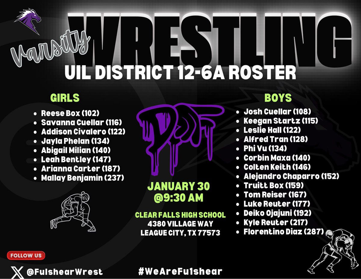 FulshearABC's tweet photo. “Let's get ready to RUMBLE!”📢

Fulshear Varsity wrestlers are #ChargedUp and ready for the UIL District 12-6A Meet being held at Clear Falls HS in League City, Texas. 

Safe travels and good luck! 

#WeAreFu1shear
#ChargedUpTheMat
#MakeEmSayUncle

@lcisdathletics
@fulshearwrest https://t.co/sUiEgJSPN9