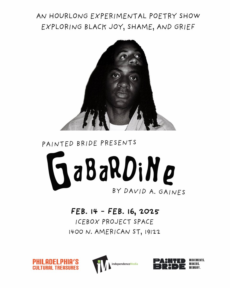 Reparent your inner child with “Gabardine” created by BlackStar Alum <a href="/davegpoetry/">david a. gaines</a>, presented by <a href="/paintedbride/">Painted Bride</a> -  Feb. 14 – 16 at @iceboxprojectspace! This one-hour, experimental poetry show explores Black grief, shame, and joy. Get tickets: paintedbride.org/events/gabardi…