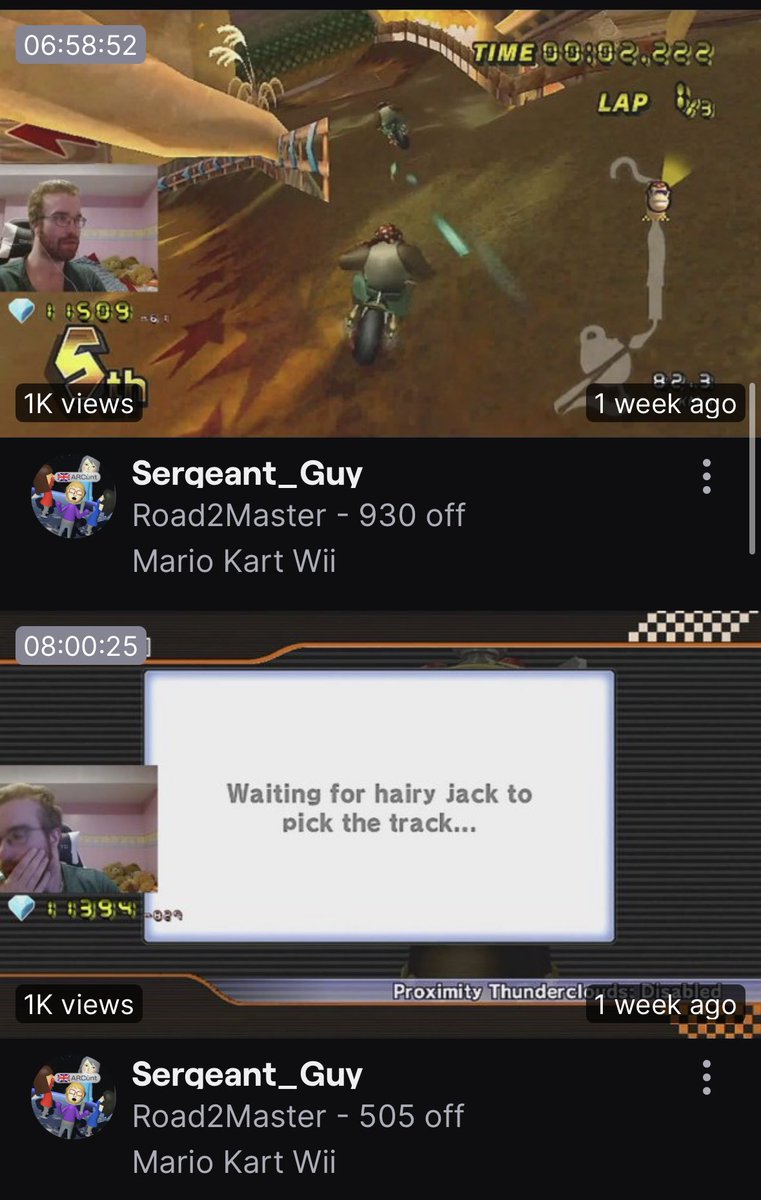 oocmkw's tweet photo. Interesting. Sgt_Guy taking a break from his apparent busy schedule (streaming an abhorrent amount of Mario Kart) during a “day off” to… stream even more Mario Kart.

Are we really resorting to pretending we have jobs now? https://t.co/rlOsnxz0HW