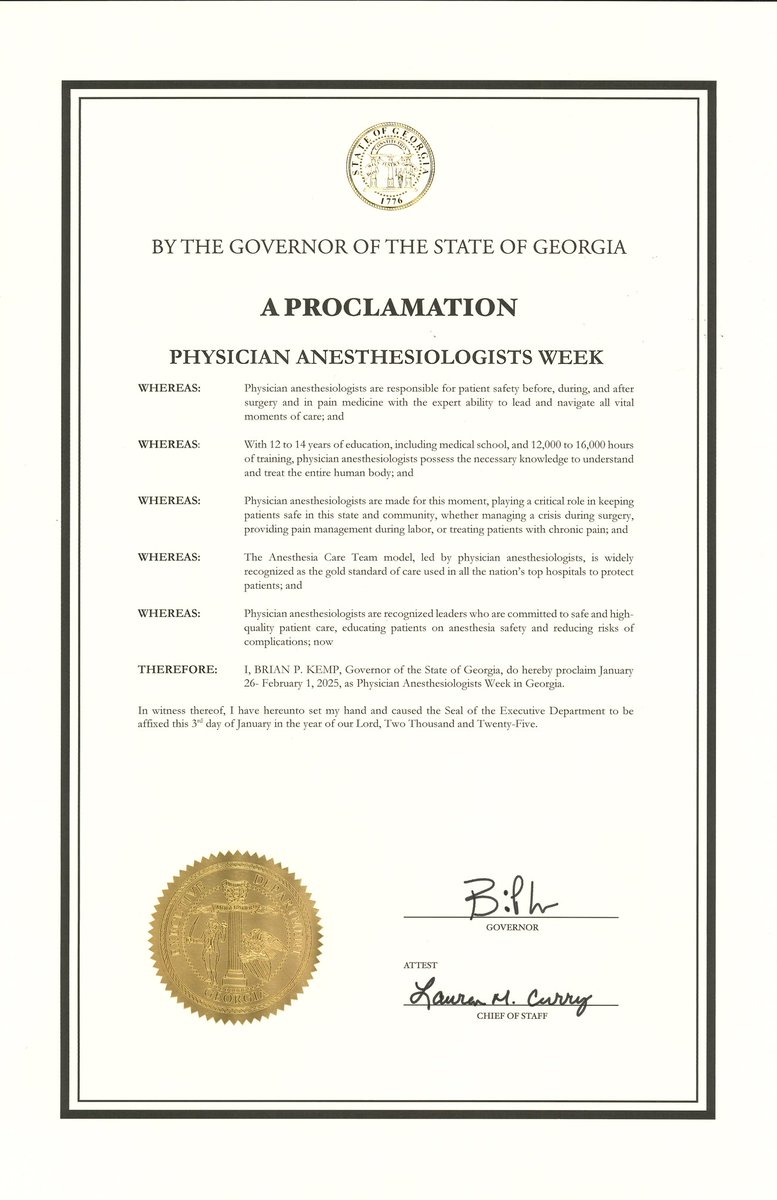 GSAHQ's tweet image. Thank you, @GovKemp, for designating this week as Physician Anesthesiologists Week in Georgia! Your recognition highlights the vital role Physician Anesthesiologists play in patient care. #PhysAnesWk25 @ASALifeline