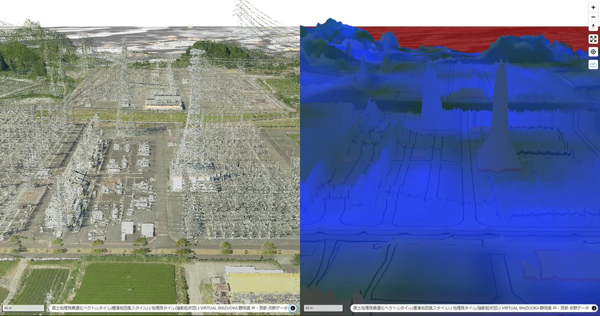shi__works's tweet photo. 静岡県の駿遠変電所周辺の点群をDSMタイル化して、点群3D Tilesと比較...！？🗼👀
障害物単位で統計的に高さ情報(中央値や最大値)を持たせるか、グリッド単位(0.5mなど)でより点群の高さに近い高さ情報を持たせるか、まあ後者だろうなぁ📝
#FOSS4G #PDAL #MapLibre #点群 #VIRTUALSHIZUOKA #ドローン https://t.co/b9acyU67s8