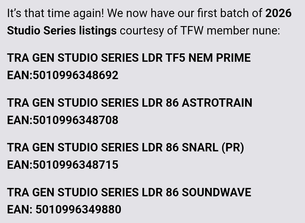TFHypeGuy's tweet photo. SS TLK NEMESIS PRIME, 86 leader astrotrain AND 86 LEADER SOUNDWAVE!!!!

SS 2026 listings have BEGUN and to kick it off we have 4 LEADER CLASS listings!

Expect lots of 86 this year as Evan has said it will be the Final year of SS86 to celebrate it's 40th anniversary! https://t.co/JJXq1FkqOx
