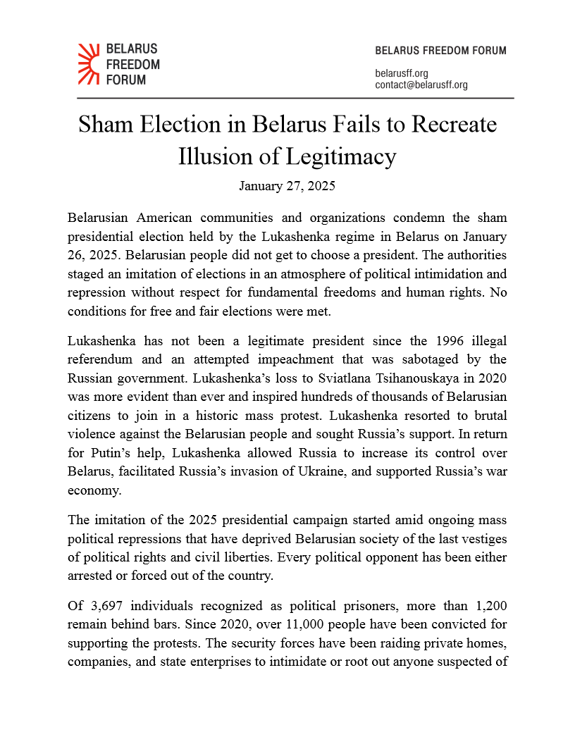 belbostonorg's tweet photo. Belarusian American communities and organizations condemn the sham presidential election held by the Lukashenka regime in #Belarus on January 26, 2025. Belarusian people did not get to choose a president. https://t.co/mXn4Sr55Gk