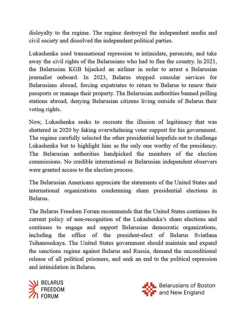 Belarusian American communities and organizations condemn the sham presidential election held by the Lukashenka regime in #Belarus on January 26, 2025. Belarusian people did not get to choose a president.