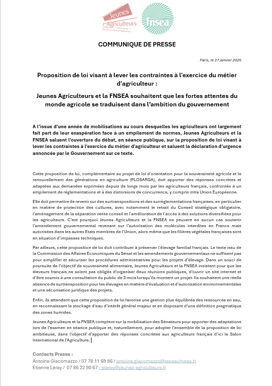 [#CP] 📢🚨
Proposition de loi visant à lever les contraintes à l'exercice du métier d'agriculteur :
Jeunes Agriculteurs et la FNSEA souhaitent que les fortes attentes du monde agricole se traduisent dans l’ambition du gouvernement
Notre communiqué avec <a href="/FNSEA/">La FNSEA</a> 👇