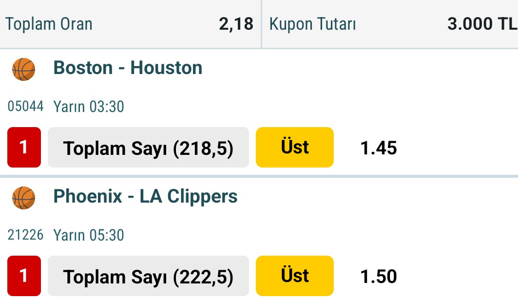 Zirve_Tips's tweet photo. 👉ZİRVE ÖZEL 👈

🏆 GECENİN NBA KUPONU  🏆

👉 RT ve Beğenileriniz bizim için değerli😊

#kupon #kombine #idda #iddia #iddaa #tahmin #bilyoner #NBA #basketball https://t.co/nPSSjHAyiy