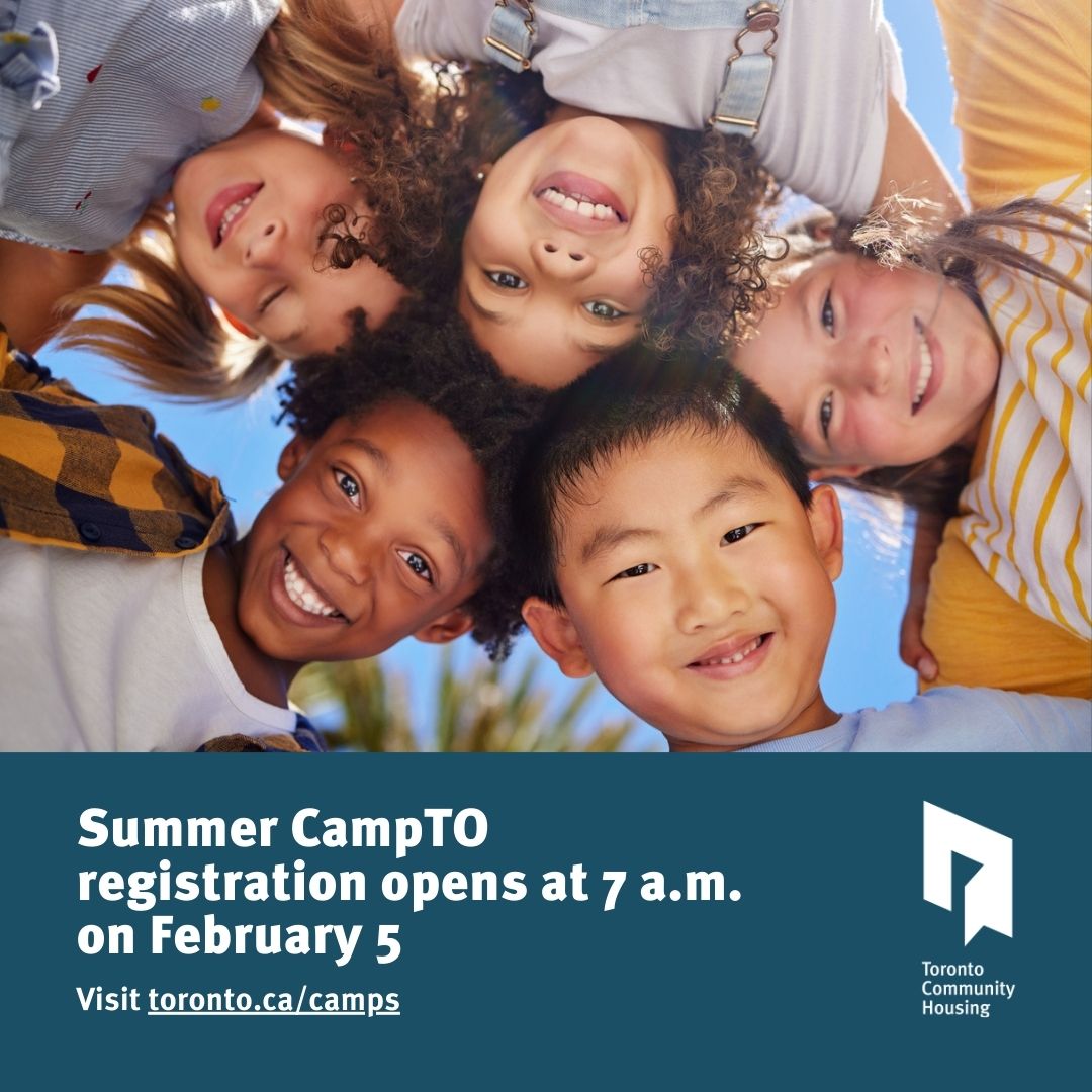 Toronto Community Housing (@tohousing) on Twitter photo This summer, #CampTO is back for kids and youth ages 4 to 16! Parents can sign their children and youth up for traditional and specialty camps based on their kids’ interests. Registration opens on February 5 at 7 a.m.  
To find a camp near you: bit.ly/4haOL3g This summer, #CampTO is back for kids and youth ages 4 to 16! Parents can sign their children and youth up for traditional and specialty camps based on their kids’ interests. Registration opens on February 5 at 7 a.m.  
To find a camp near you: bit.ly/4haOL3g