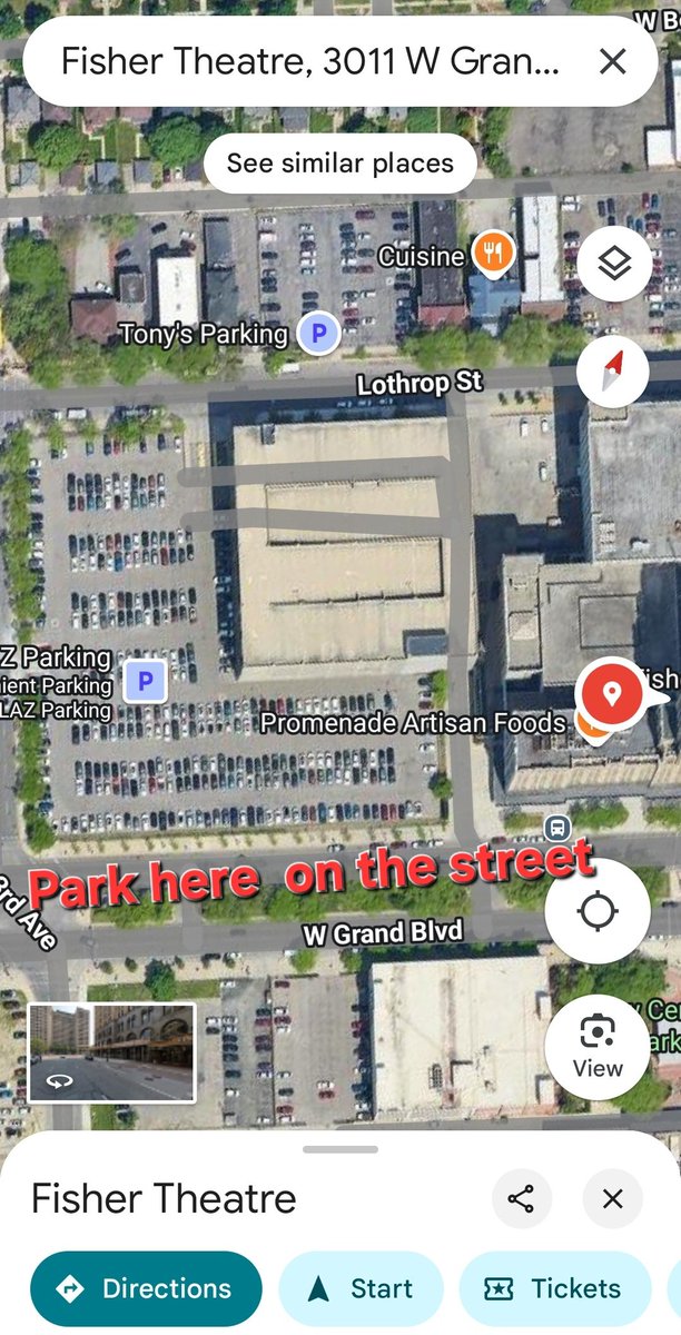 MSUDersh's tweet photo. @JoshLipnik Fuck that. The secret to parking at Fisher is, just park in the street on Grand in front of the parking lot that is immediately west of the building. Pay with ParkDetroit app. https://t.co/D4fFdqQ4kh