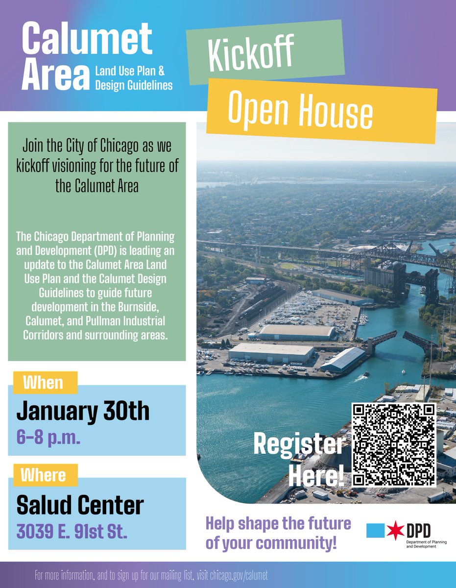 ChicagoDOE's tweet photo. This Thursday, 1/30, join the City of Chicago for an Open House to kick off the Calumet Area Land Use Plan! @ChicagoDPD will lead interactive activities so those who live, work, &amp; play in the Calumet area can help shape the community's future. RSVP at: https://t.co/dJvw7hYDCs https://t.co/OlklA6jbsJ