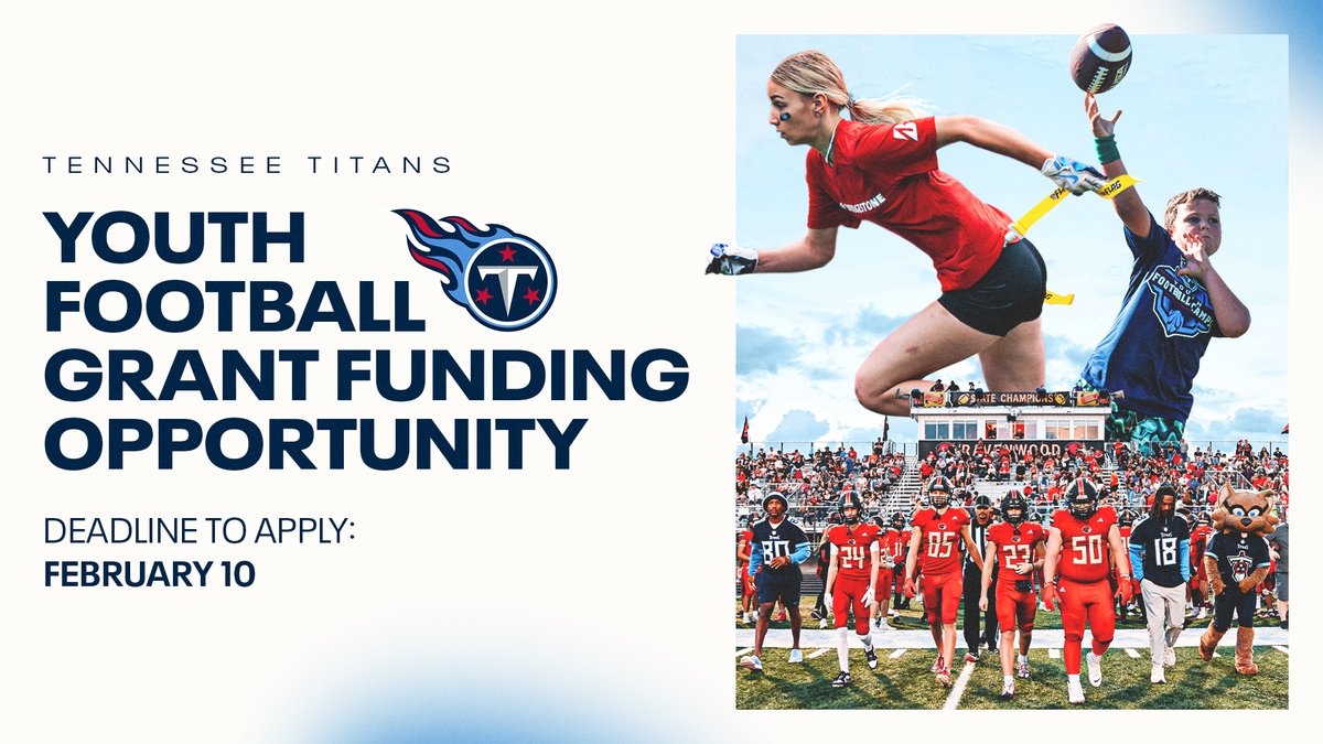Titans Community (@titanscommunity) on Twitter photo We are thrilled to announce a <a href="/Titans/">Tennessee Titans</a> Youth, NFL Flag, Girls Flag, and High School Football grant program to support different levels of football throughout Tennessee🏈
⏰Deadline to apply is February 10
Apply Here: tennesseetitans.com/community/foot… We are thrilled to announce a <a href="/Titans/">Tennessee Titans</a> Youth, NFL Flag, Girls Flag, and High School Football grant program to support different levels of football throughout Tennessee🏈
⏰Deadline to apply is February 10
Apply Here: tennesseetitans.com/community/foot…