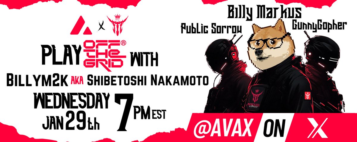 Avalanche🔺 (@avax) on Twitter photo Wednesdays are for streaming <a href="/playoffthegrid/">Off The Grid</a>.
This week, <a href="/PublicSorrow/">PublicSorrow</a> will be joined by <a href="/GunnyGopher/">GunnyGopher</a> and special guest, <a href="/BillyM2k/">Shibetoshi Nakamoto</a>.
That's right, the "dumbass who made dogecoin" is heading to Teardrop Island.
Right here, Wednesday, 7PM ET. Wednesdays are for streaming <a href="/playoffthegrid/">Off The Grid</a>.
This week, <a href="/PublicSorrow/">PublicSorrow</a> will be joined by <a href="/GunnyGopher/">GunnyGopher</a> and special guest, <a href="/BillyM2k/">Shibetoshi Nakamoto</a>.
That's right, the "dumbass who made dogecoin" is heading to Teardrop Island.
Right here, Wednesday, 7PM ET.