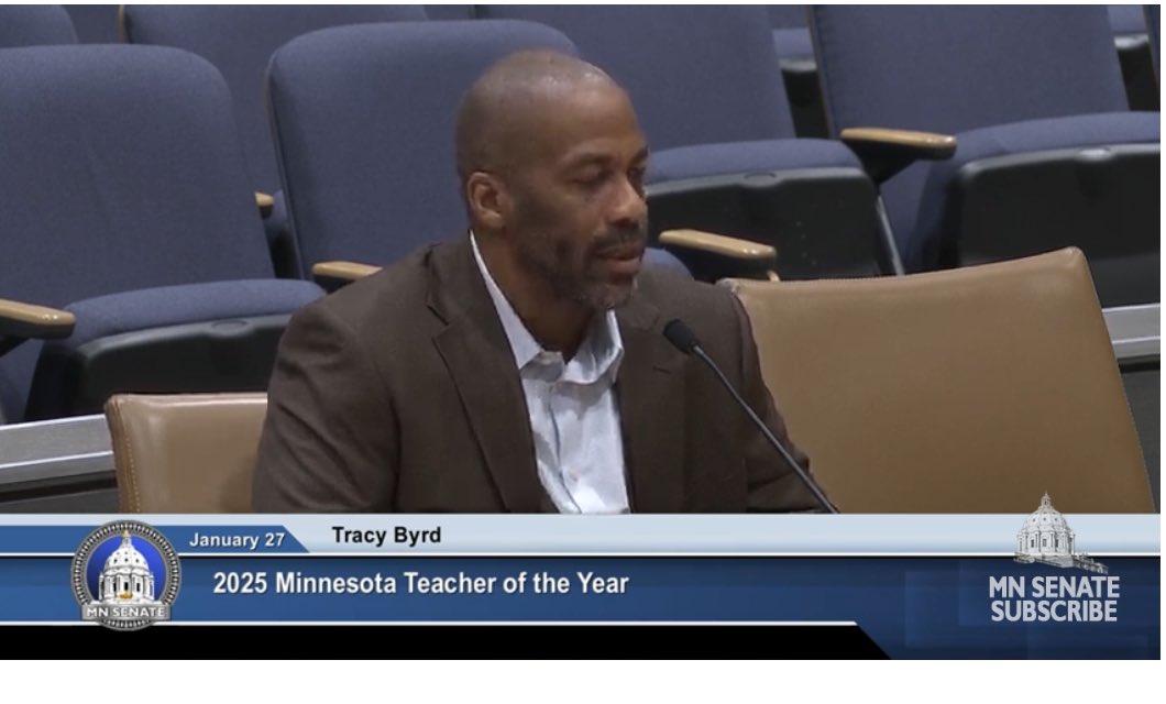 ambermpls's tweet photo. Had a front row seat to hear MN Teacher of the Year Tracy Byrd present to the @mnsenate Education Committee. He had the rapt attention of legislators as he shared his journey to the profession, teaching philosophy, and bragged about the @MPS_Washburn community. #MillerPride https://t.co/oJM6knLx0V