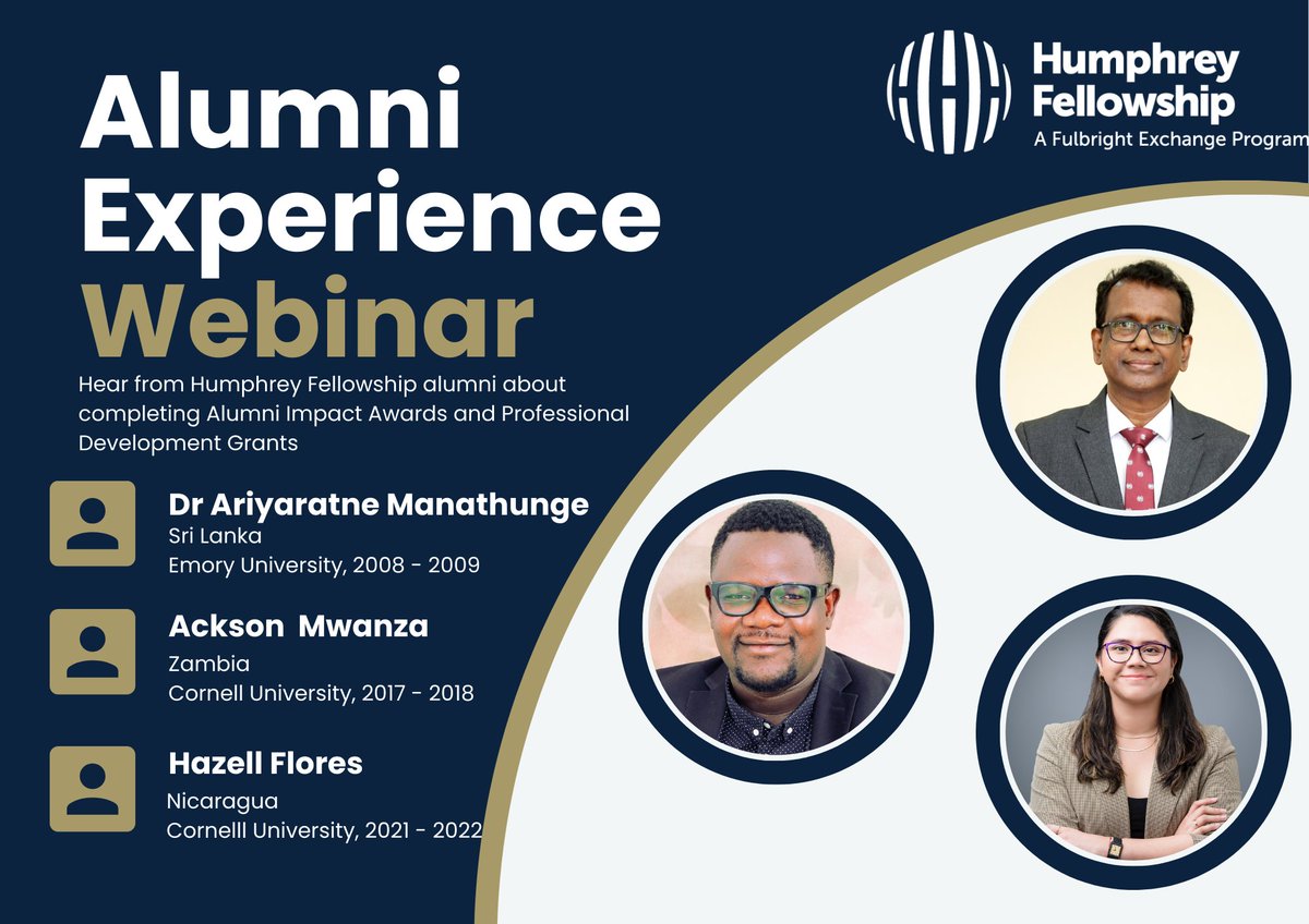Hear from three inspiring #HumphreyAlumni
🔹 Dr. Ariyaratne Manathunge, PD Grant
🔹 Ackson Mwanza, Collaborative Alumni Project
🔹 Hazell Flores, Alumni Impact Award 
📅 Webinar Date: January 28, 2025, at 7am EST
📲 Register here: loom.ly/TANPzUU