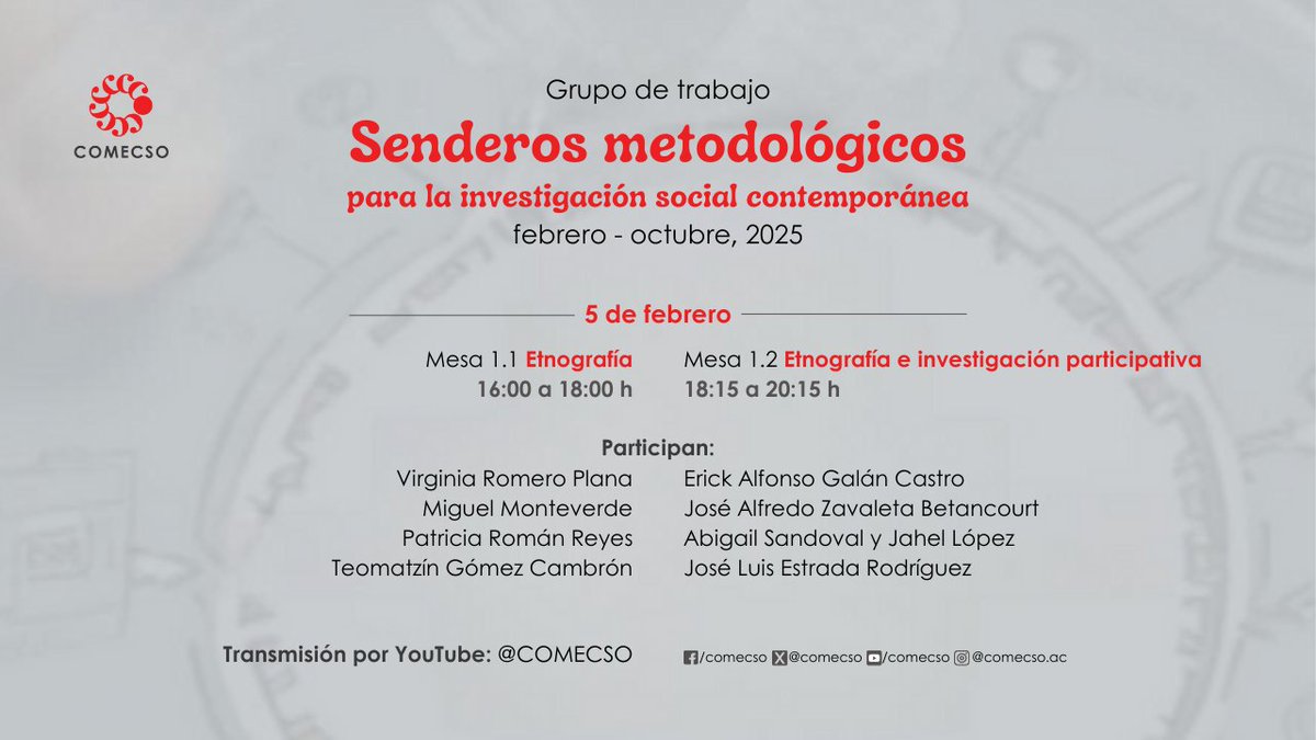 COMECSO's tweet photo. 📌¡Aparta la fecha!
Acompáñanos el próximo 5 de febrero a las 16:00 h, en la primeras mesas del Grupo de Trabajo "Senderos Metodológicos para la investigación social contemporánea"

Conoce más sobre el Grupo de Trabajo aquí: https://t.co/Y55CiInITZ https://t.co/y8tPHm1ZDL