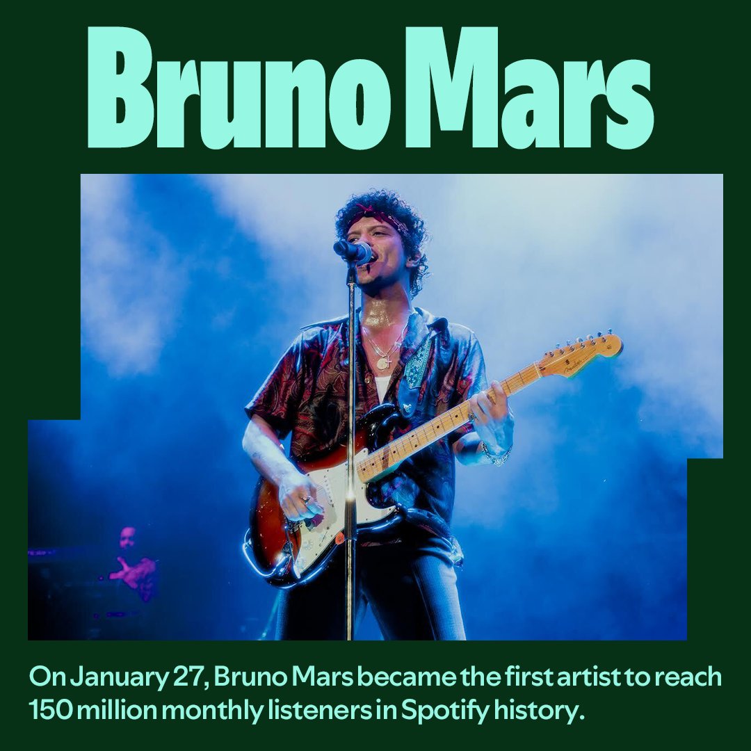 On January 27, Bruno Mars became the first artist to reach 150 million monthly listeners in Spotify history