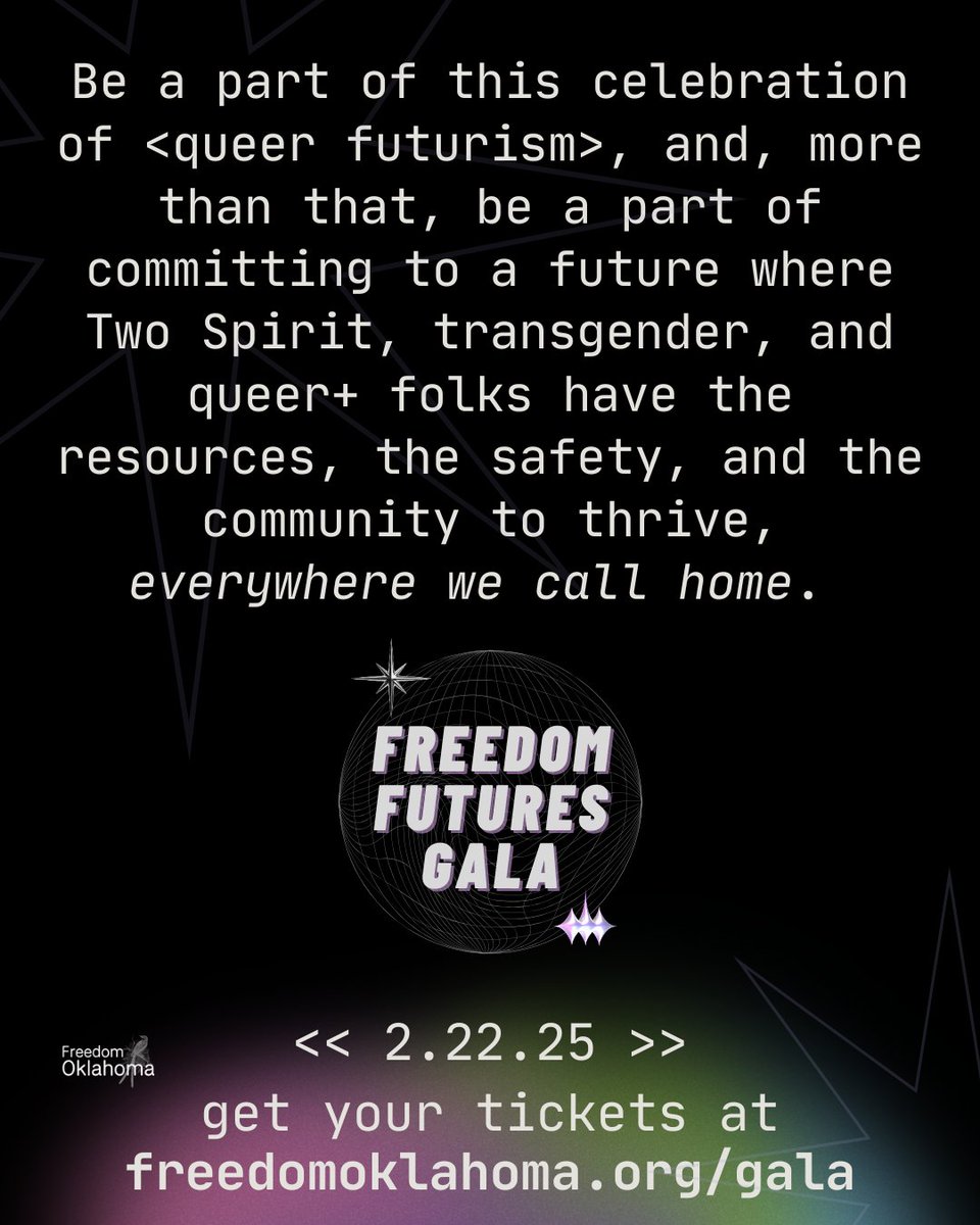 OKRepro's tweet image. Celebrate 10 years of Freedom Oklahoma at their 2025 Freedom Futures Gala on Saturday, February 22nd at the Oklahoma Contemporary! How can you support? Become a sponsor (like us!) or get tickets while they last at freedomoklahoma.org/gala.