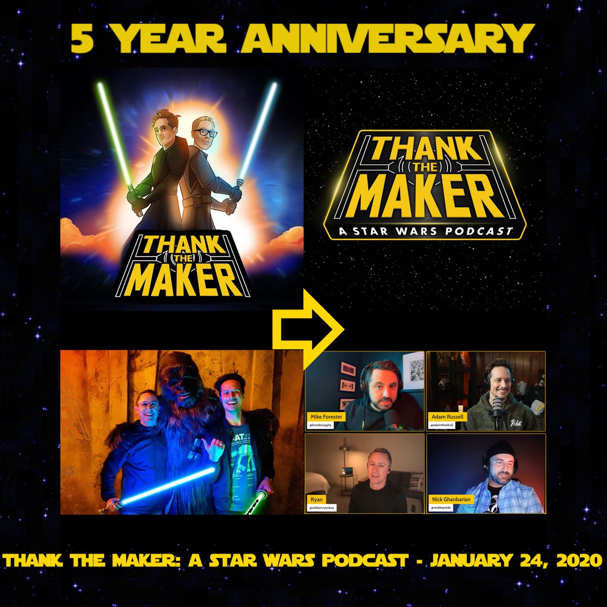 Star Wars, Now THIS Is Podcasting! (@starwarsnowthis) on Twitter photo Star Wars podcasting for half a decade: <a href="/ThankTheMaker/">Thank the Maker Podcast</a> premiered 5 years ago, on January 24, 2020.
Congrats to @AdamTheSkull, <a href="/williamryankey/">William Ryan Key</a>, <a href="/HondoSupply/">HondoSupply</a>, <a href="/nickbayside/">Nick Ghanbarian</a>, and all the show's listeners for reaching this goal.
Daniel (<a href="/StarWarsNowThis/">Star Wars, Now THIS Is Podcasting!</a>)🙂👍🏾 Star Wars podcasting for half a decade: <a href="/ThankTheMaker/">Thank the Maker Podcast</a> premiered 5 years ago, on January 24, 2020.
Congrats to @AdamTheSkull, <a href="/williamryankey/">William Ryan Key</a>, <a href="/HondoSupply/">HondoSupply</a>, <a href="/nickbayside/">Nick Ghanbarian</a>, and all the show's listeners for reaching this goal.
Daniel (<a href="/StarWarsNowThis/">Star Wars, Now THIS Is Podcasting!</a>)🙂👍🏾